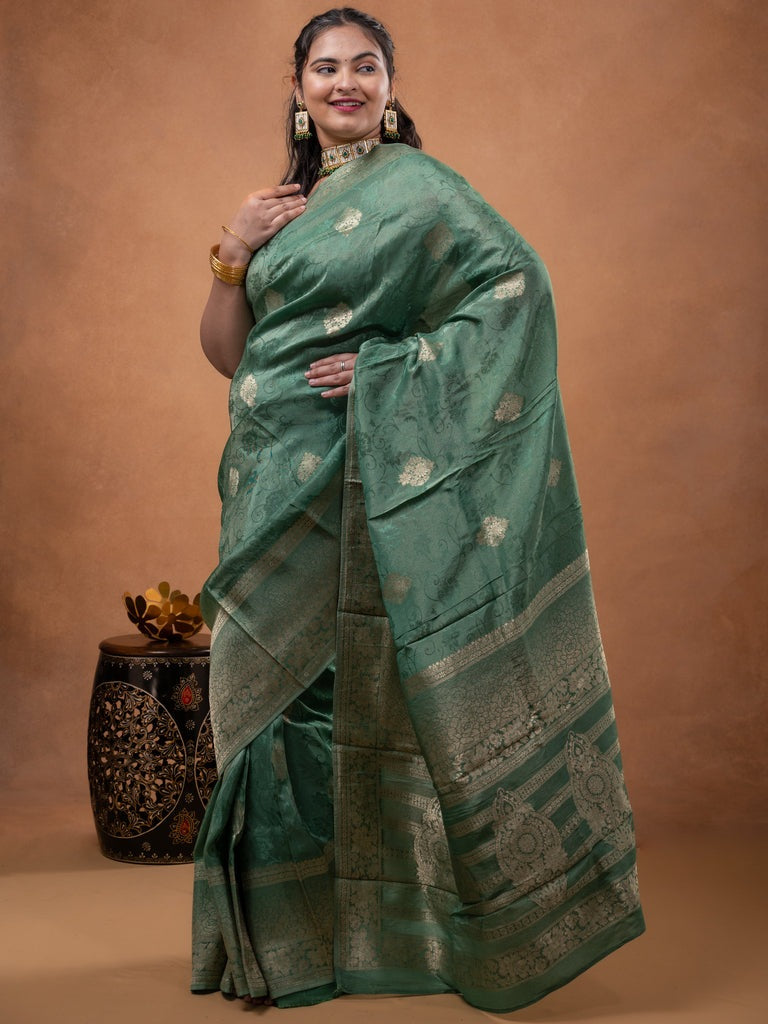 Dola tissue fancy saree grey color allover zari motifs & zari border with rich pallu and plain self blouse