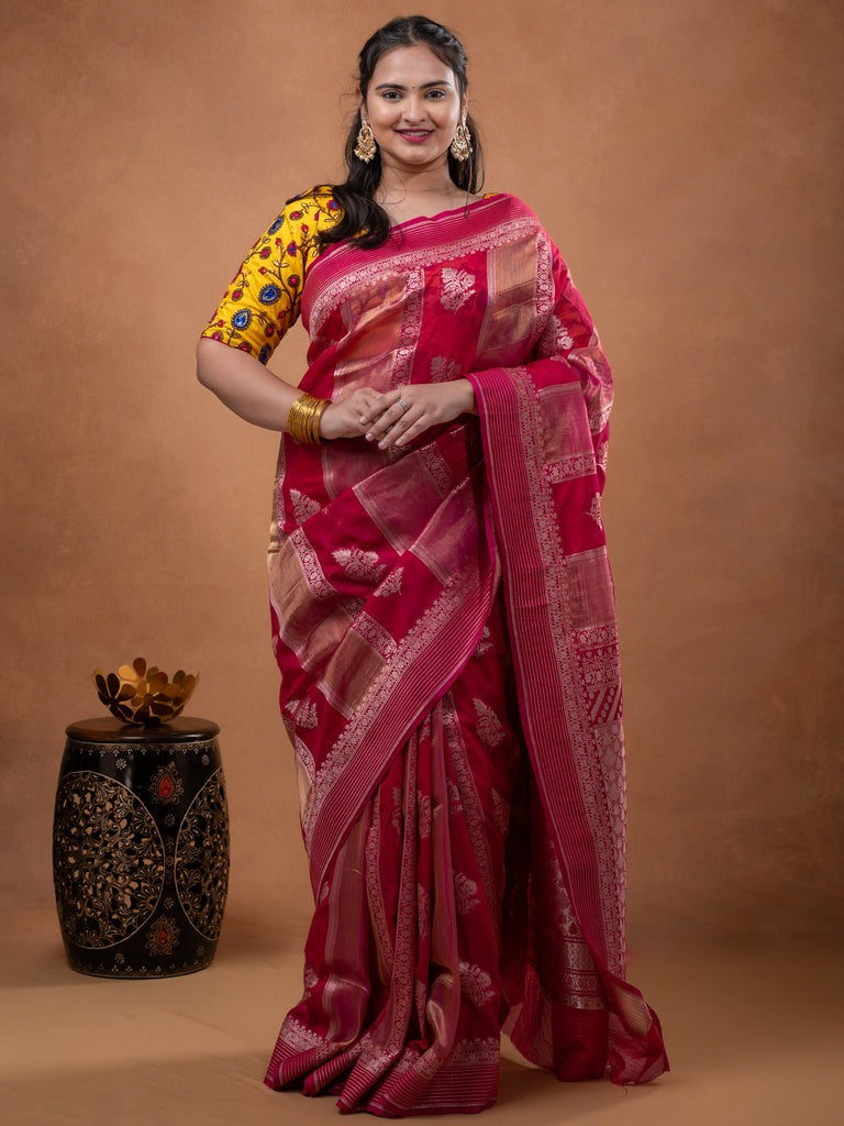 Pure organza fancy saree pink color allover zari weaves & zari border with rich pallu and contrast blouse