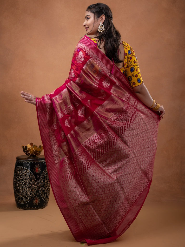 Pure organza fancy saree pink color allover zari weaves & zari border with rich pallu and contrast blouse