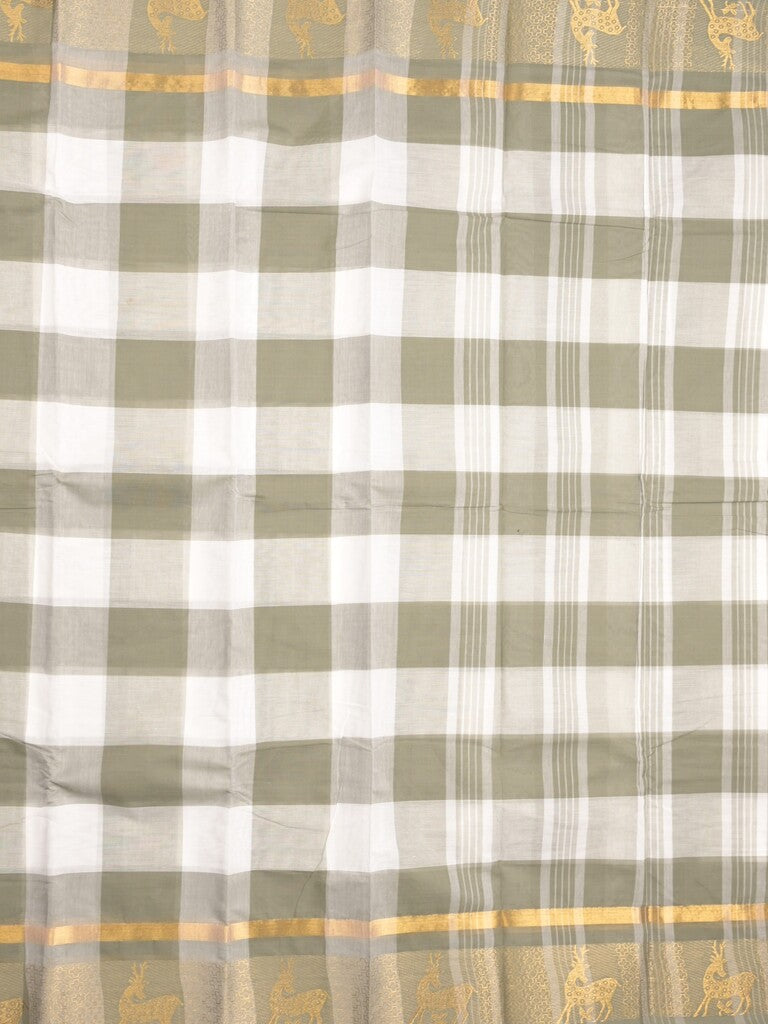 Village cotton saree white & grey color allover checks & contrast border with running pallu