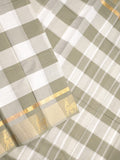 Village cotton saree white & grey color allover checks & contrast border with running pallu