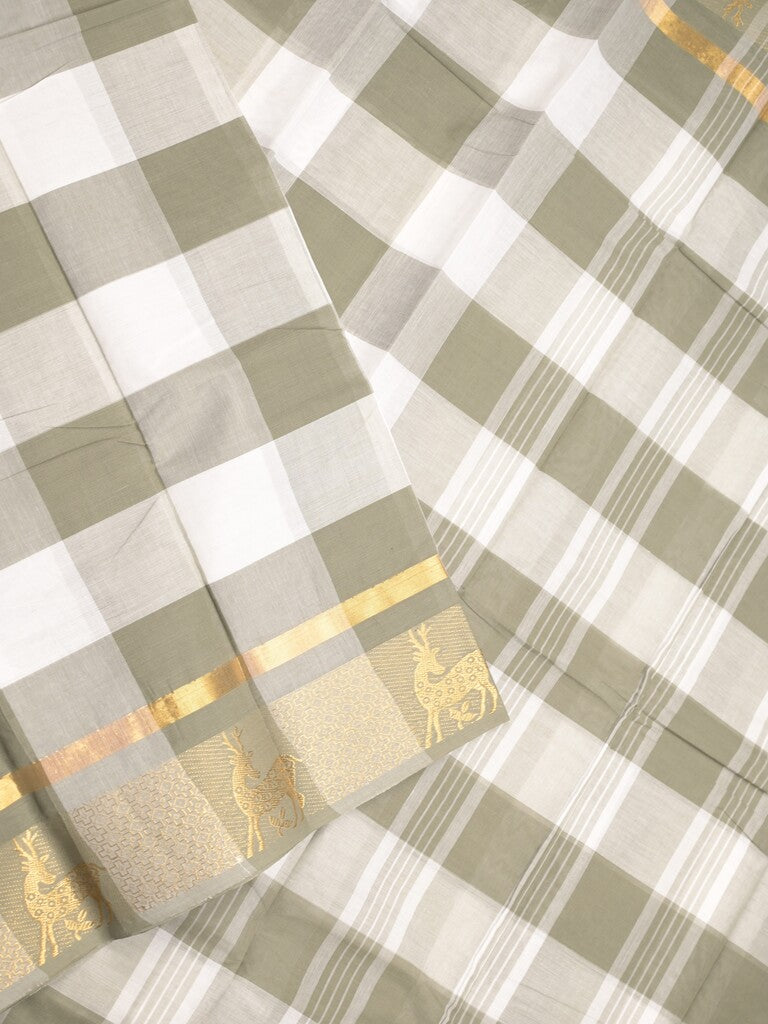 Village cotton saree white & grey color allover checks & contrast border with running pallu