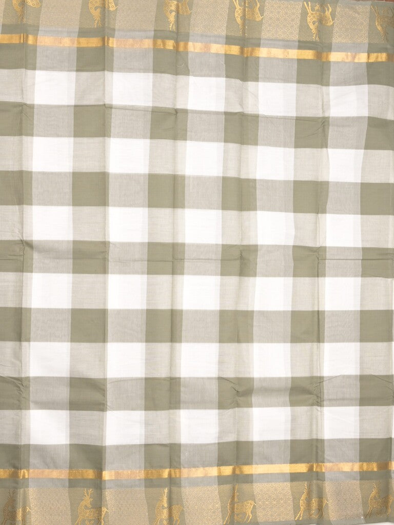 Village cotton saree white & grey color allover checks & contrast border with running pallu