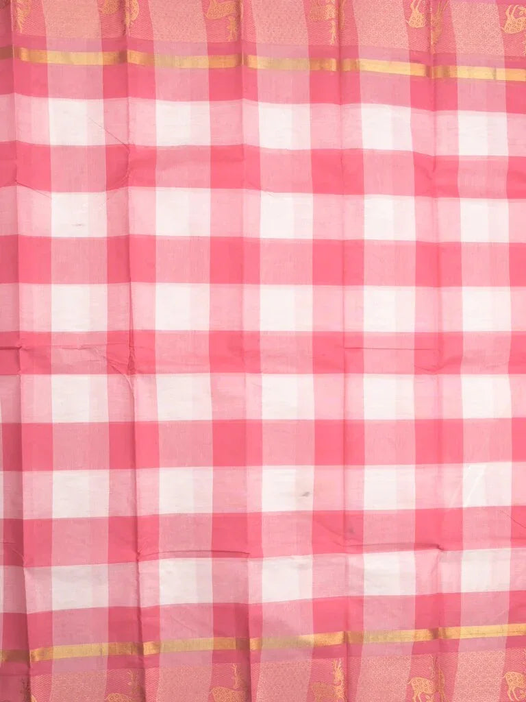 Village cotton saree white & pink color allover checks & contrast border with running pallu