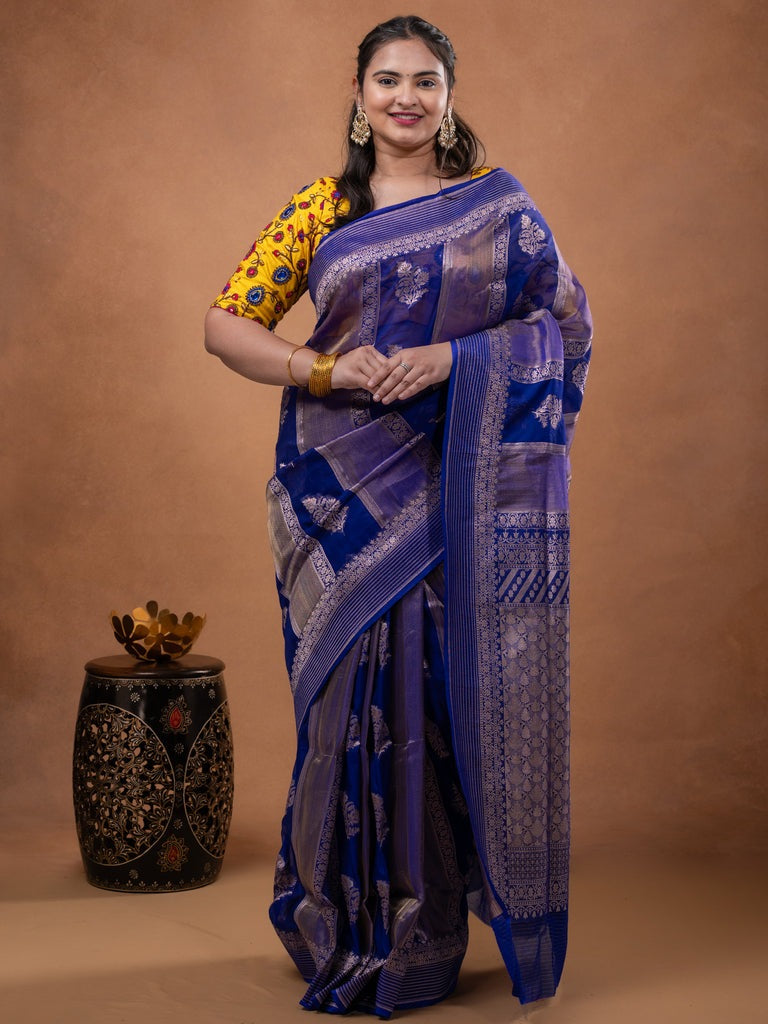 Pure organza fancy saree royal blue color allover zari weaves & zari border with rich pallu and contrast blouse