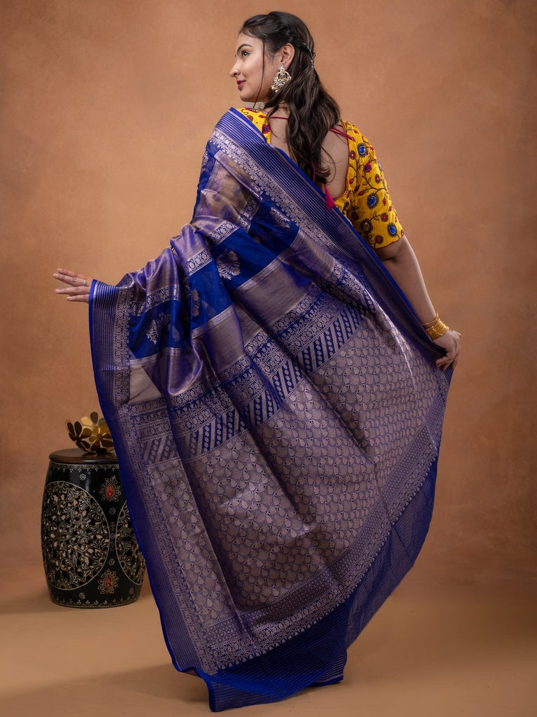 Pure organza fancy saree royal blue color allover zari weaves & zari border with rich pallu and contrast blouse