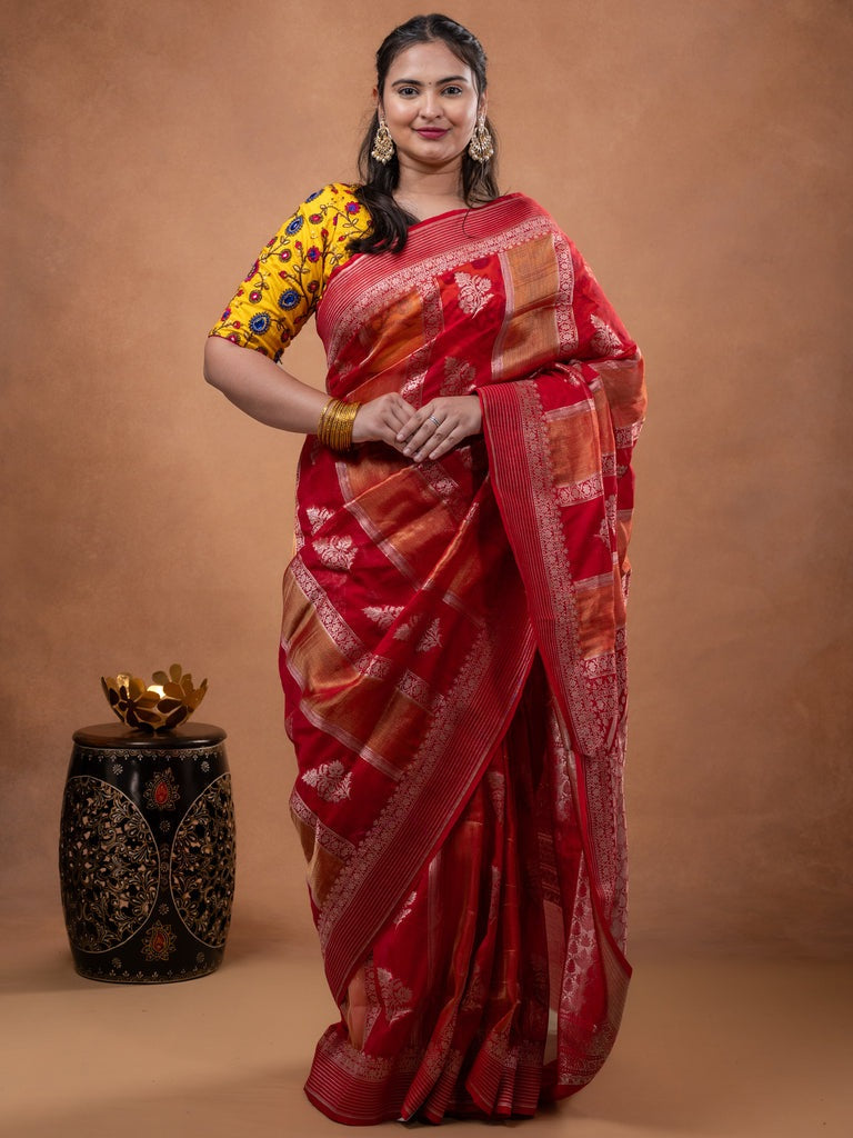 Pure organza fancy saree red color allover zari weaves & zari border with rich pallu and contrast blouse