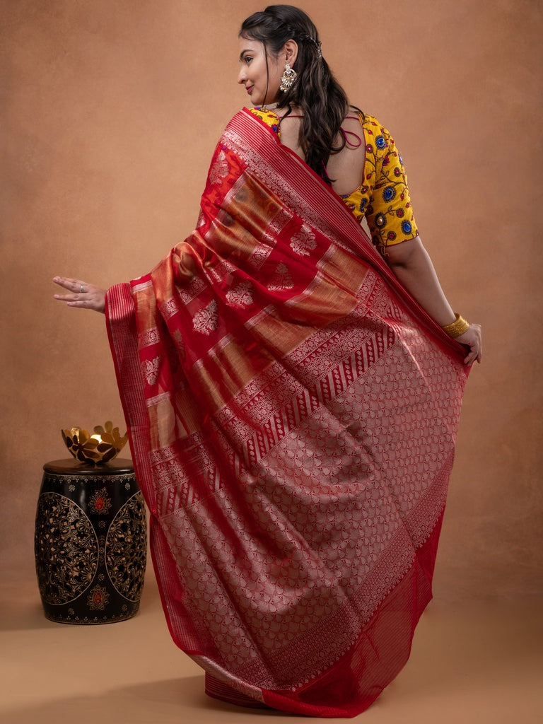 Pure organza fancy saree red color allover zari weaves & zari border with rich pallu and contrast blouse