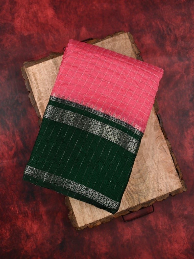 Banaras fancy saree light pink color allover zari checks & zari border wiith rich pallu and brocade blouse