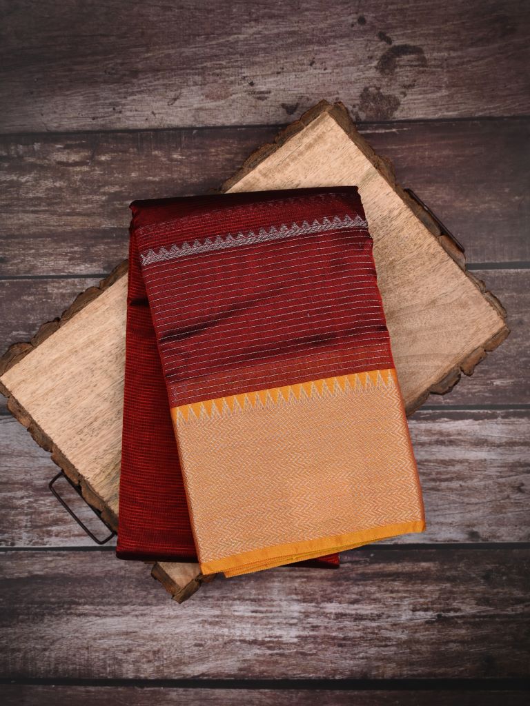 Mangalagiri pattu saree maroon color allover plain & big kaddi border with rich contrast pallu and plain blouse