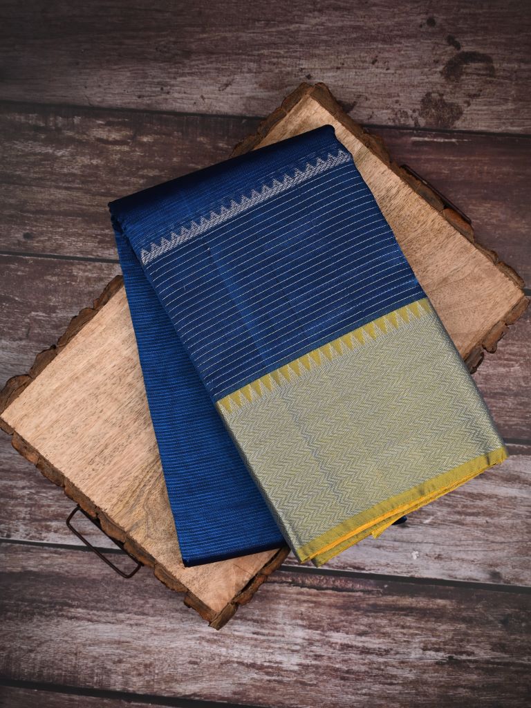 Mangalagiri pattu saree royal blue color allover plain & big kaddi border with rich contrast pallu and plain blouse