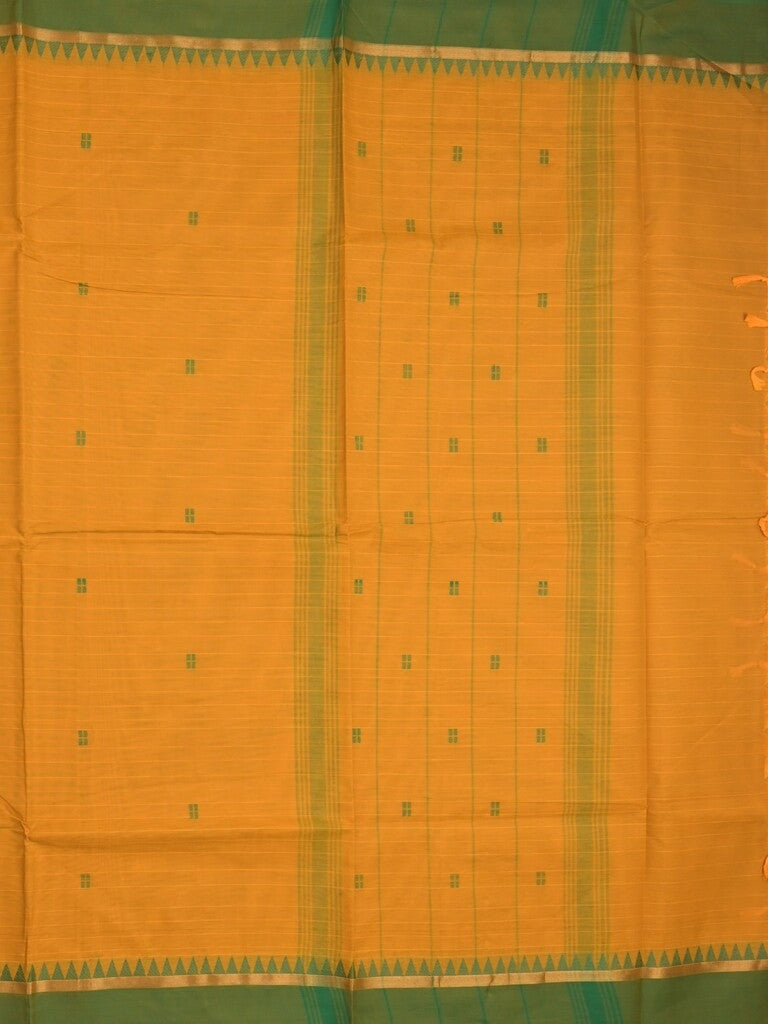 Village cotton saree golden yellow color allover motifs & small kaddi border with self pallu and attached plain blouse
