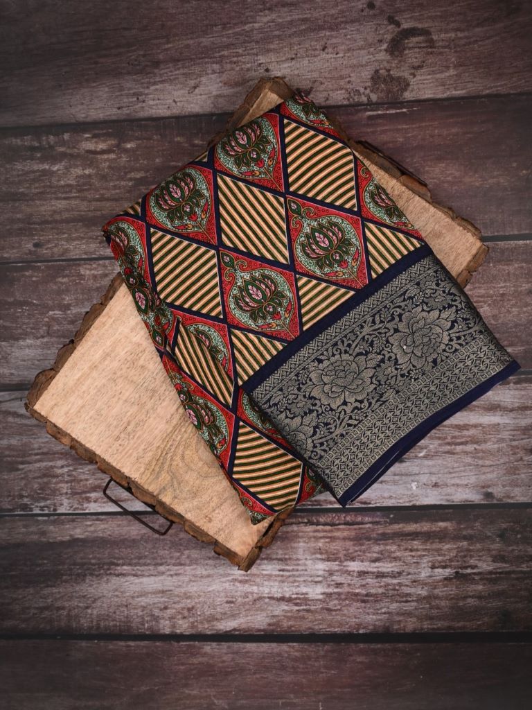 Dola silk fancy saree cream color allover digital prints & zari border with contrast pallu and plain blouse