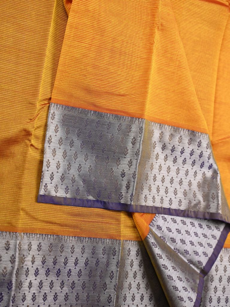 Mangalagiri pattu saree golden yellow color allover plain & big kaddi border with rich contrast pallu and plain blouse