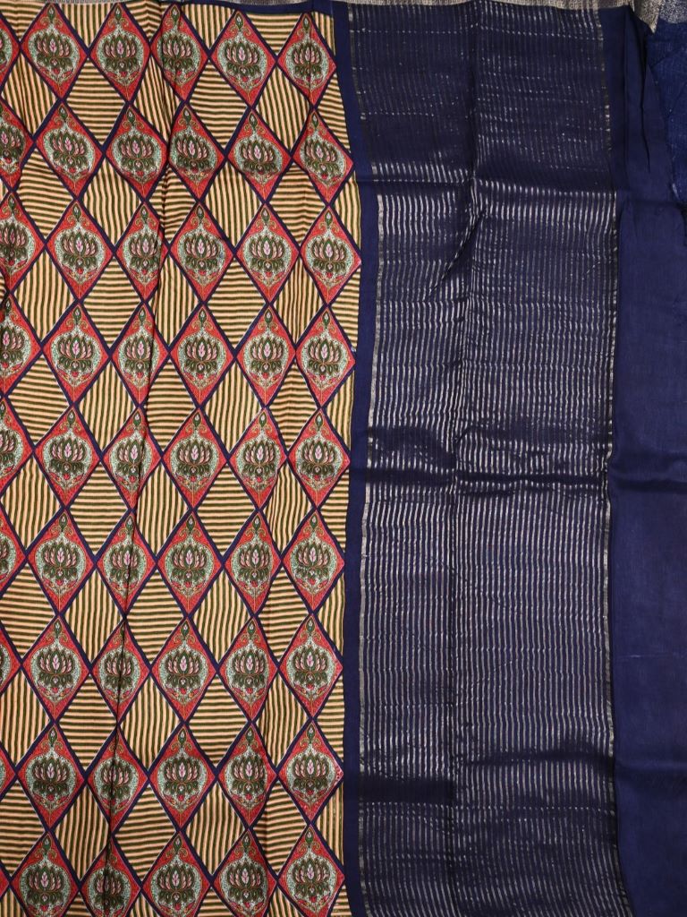 Dola silk fancy saree cream color allover digital prints & zari border with contrast pallu and plain blouse
