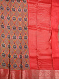 Dola silk fancy saree brown color allover digital prints & zari border with contrast pallu and plain blouse