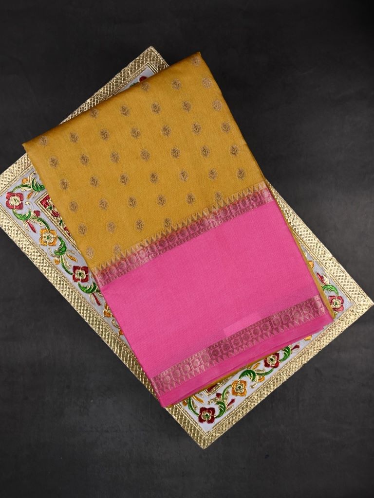 Banaras fancy saree golden yellow color allover small zari motifs & plain kaddi border with contrast brocade pallu and blouse