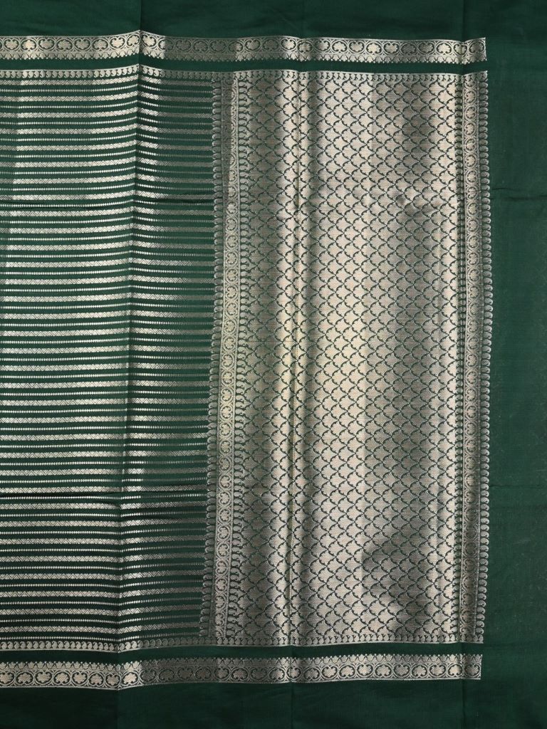 Banaras fancy saree bottle green color allover zari stripes & plain kaddi border with brocade pallu and attached blouse