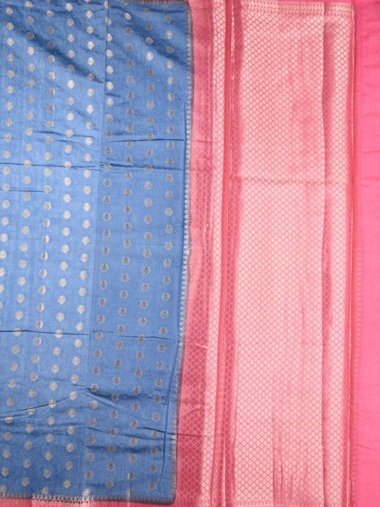 Banaras fancy saree light blue color allover small zari motifs & plain kaddi border with contrast brocade pallu and blouse