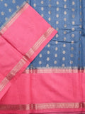 Banaras fancy saree light blue color allover small zari motifs & plain kaddi border with contrast brocade pallu and blouse