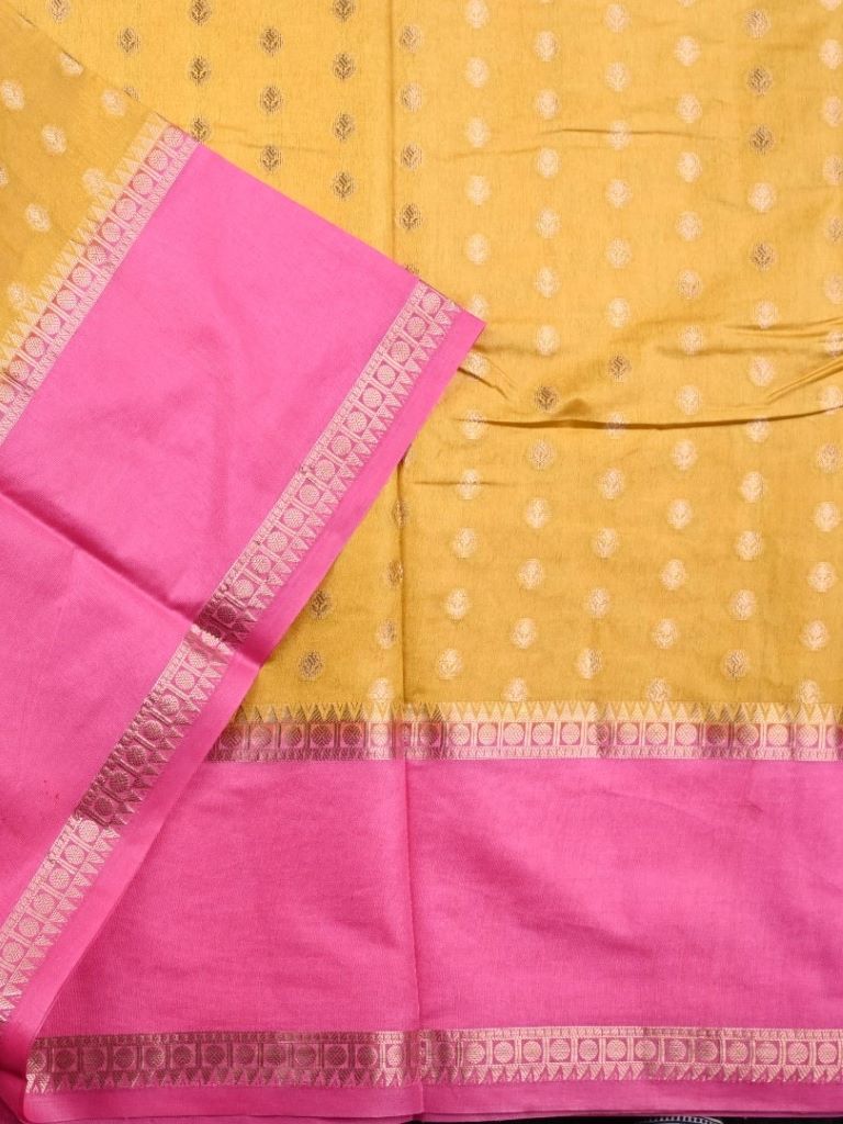 Banaras fancy saree golden yellow color allover small zari motifs & plain kaddi border with contrast brocade pallu and blouse
