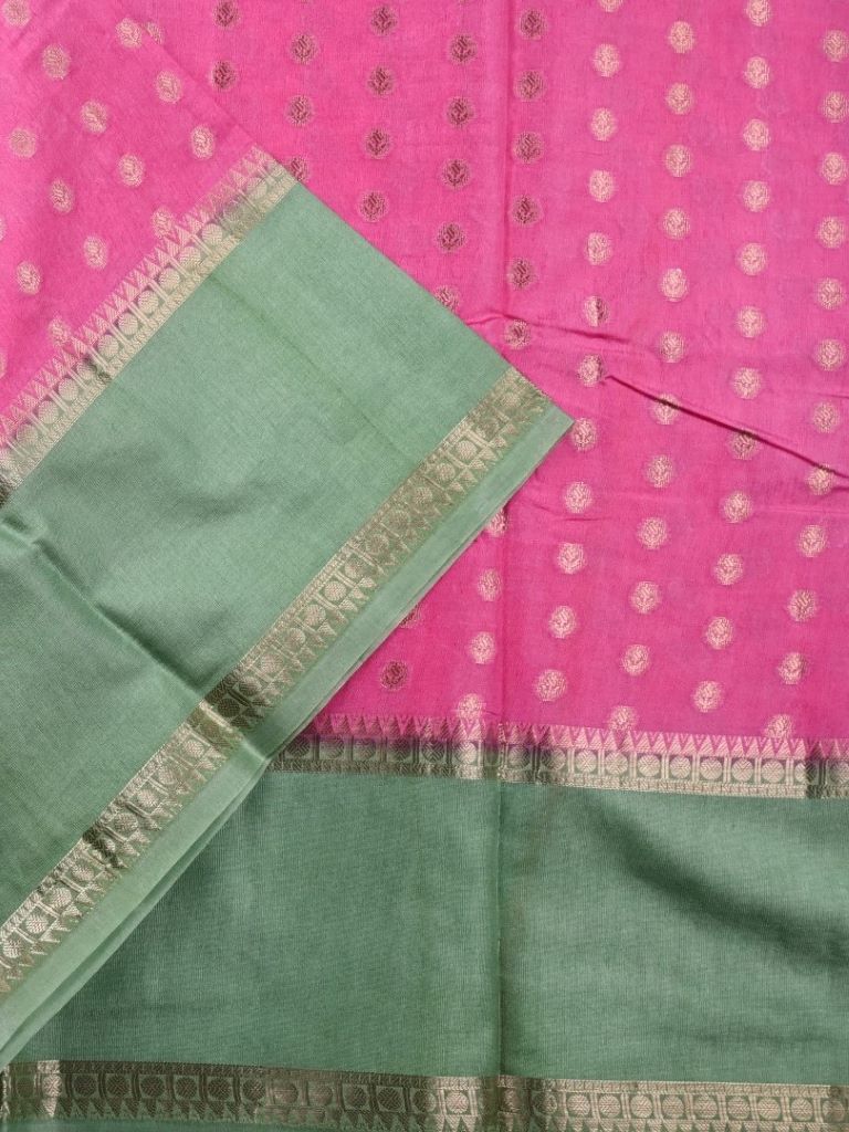 Banaras fancy saree pink color allover small zari motifs & plain kaddi border with contrast brocade pallu and blouse