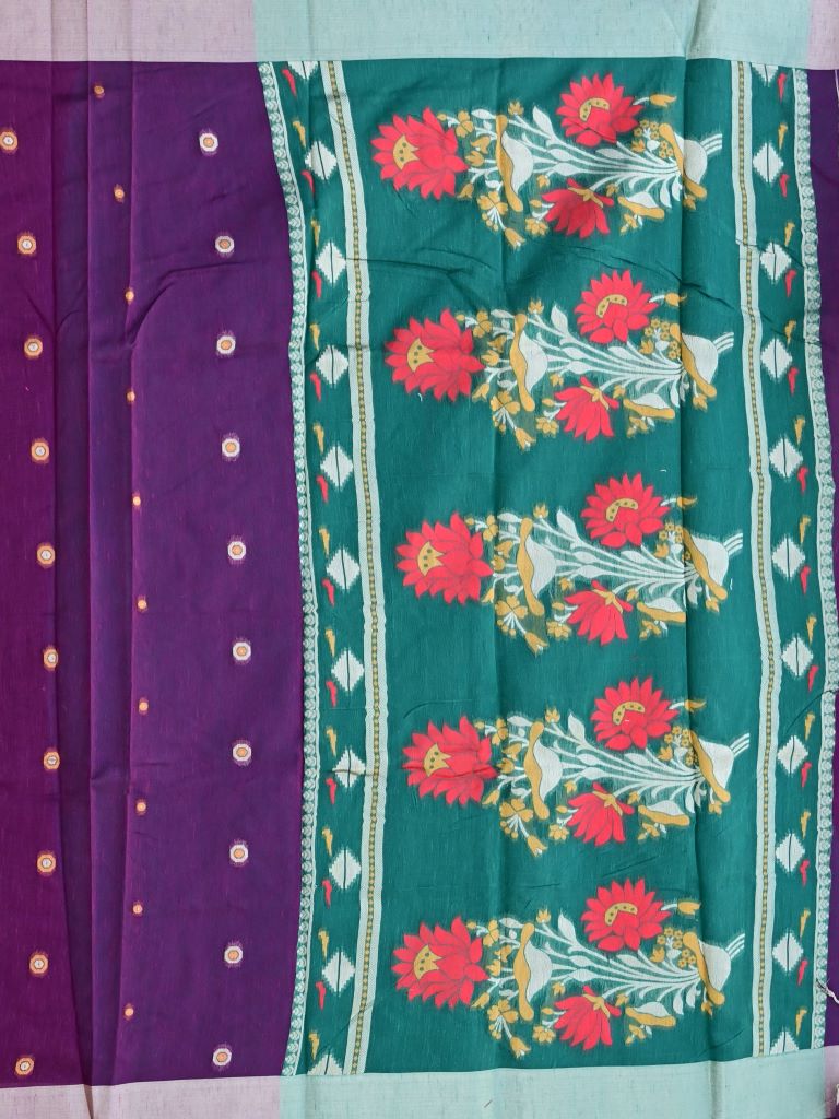 Jute silk fancy saree purple color allover motifs & zari border with paithani and plain contrast blouse