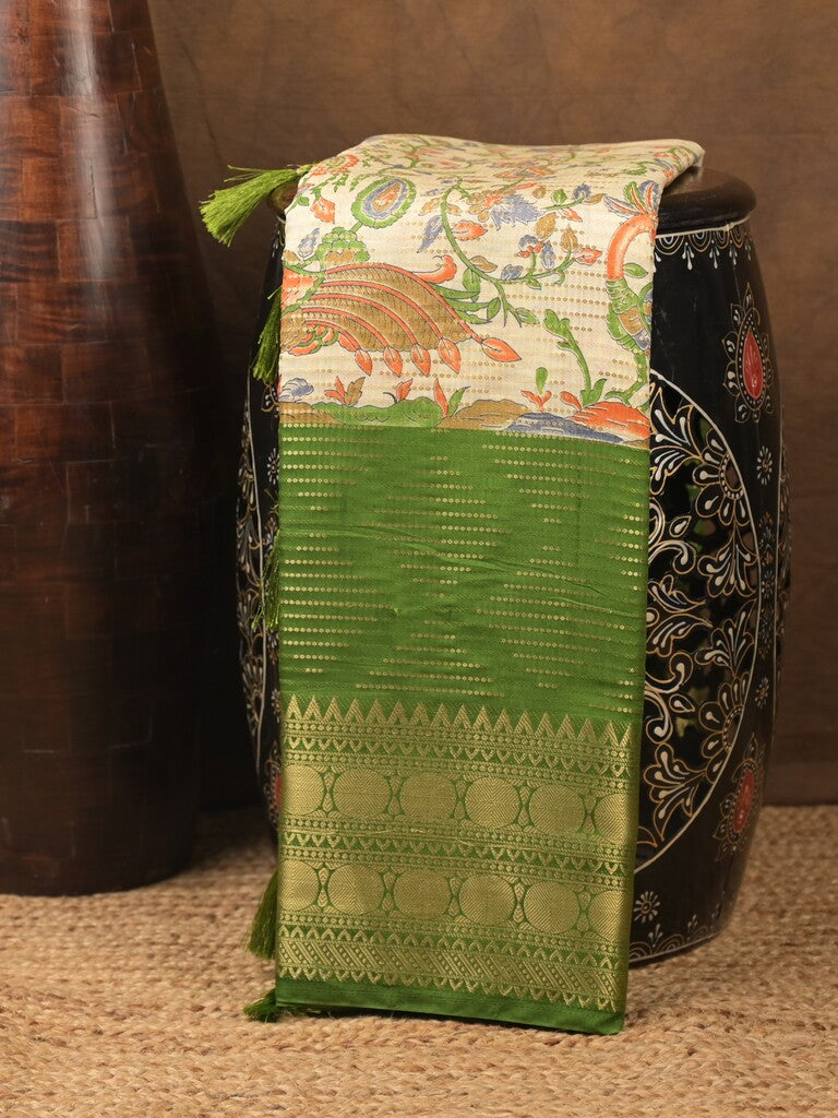 Dola silk fancy saree cream and green color allover prints & zari border with contrast pallu and attached blouse
