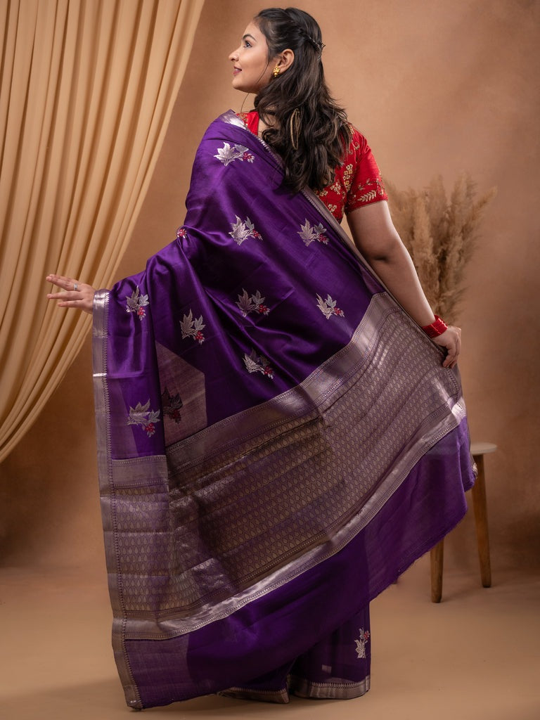 Raw mango pattu saree violet color allover zari weaves & small zari border with short pallu and contrast blouse