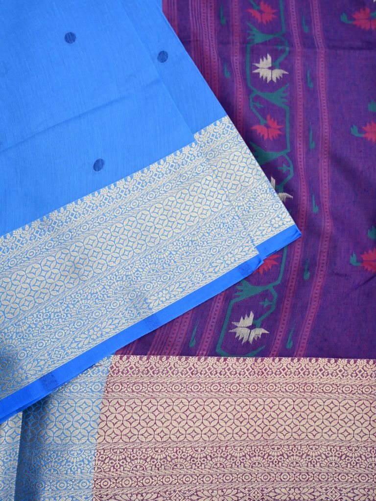 Soft chanderi fancy saree sky blue color allover motifs & zari border with paithani pallu and printed blouse