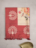 Tussar fancy saree red color allover plain & contrast printed border with running pallu and printed blouse
