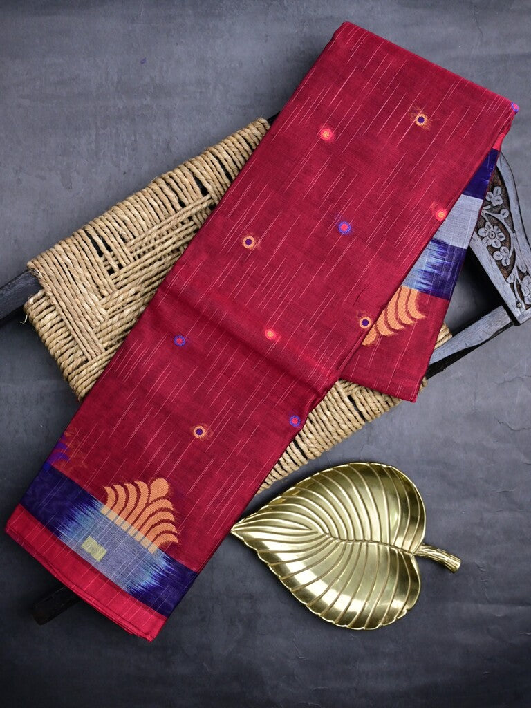 Dhaka cotton saree maroon color allover motifs & contrast border with contrast pallu