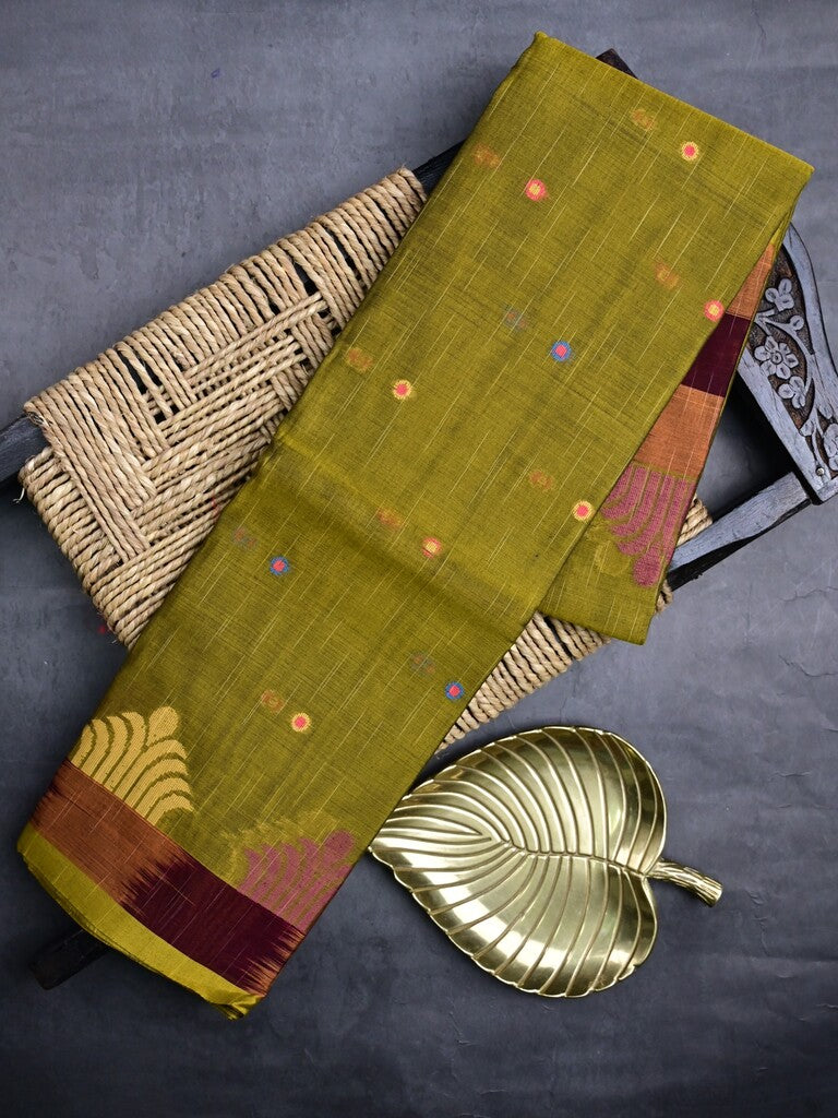 Dhaka cotton saree olive green color allover motifs & contrast border with contrast pallu