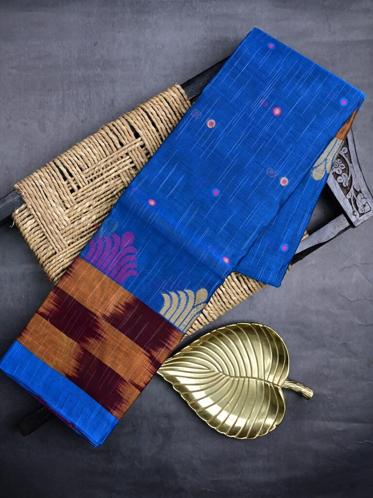 Dhaka cotton saree sky blue color allover motifs & contrast border with contrast pallu