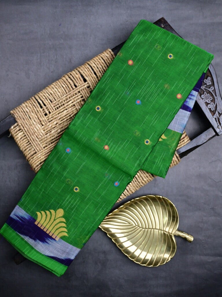 Dhaka cotton saree parrot green color allover motifs & contrast border with contrast pallu