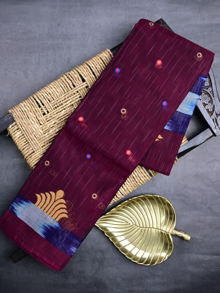 Dhaka cotton saree wine color allover motifs & contrast border with contrast pallu