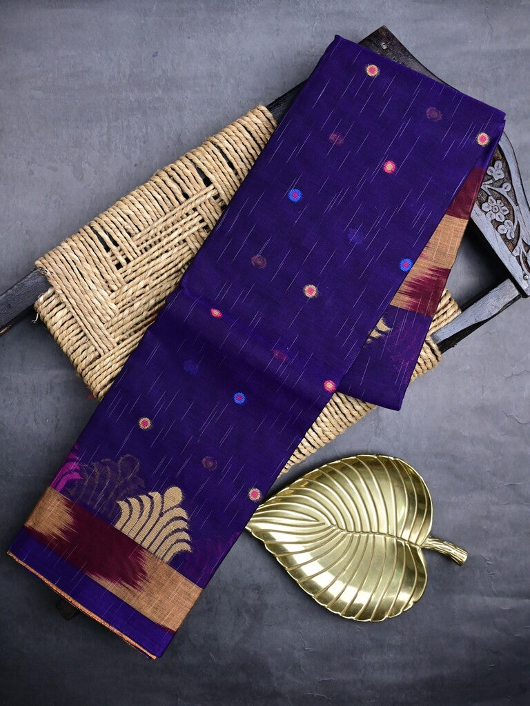 Dhaka cotton saree royal blue color allover motifs & contrast border with contrast pallu