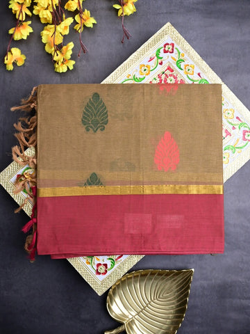 Kanchi cotton saree dark beige color allover motifs & small border with rich pallu and attached plain blouse