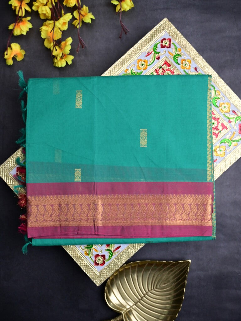 Kanchi cotton saree lux green color allover zari motifs & zari border with rich pallu