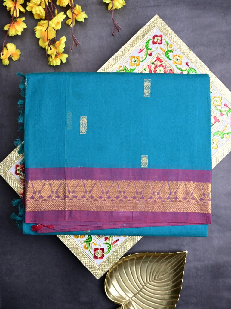 Kanchi cotton saree sky blue color allover zari motifs & zari border with rich pallu