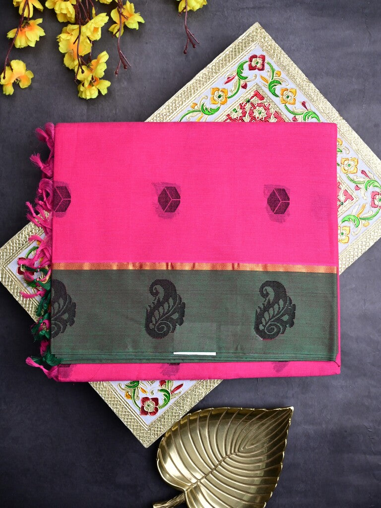 Kanchi cotton saree pink color allover motifs & small border with rich pallu and attached plain blouse