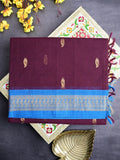 Kanchi cotton saree maroon color allover zari motifs & zari border with rich pallu