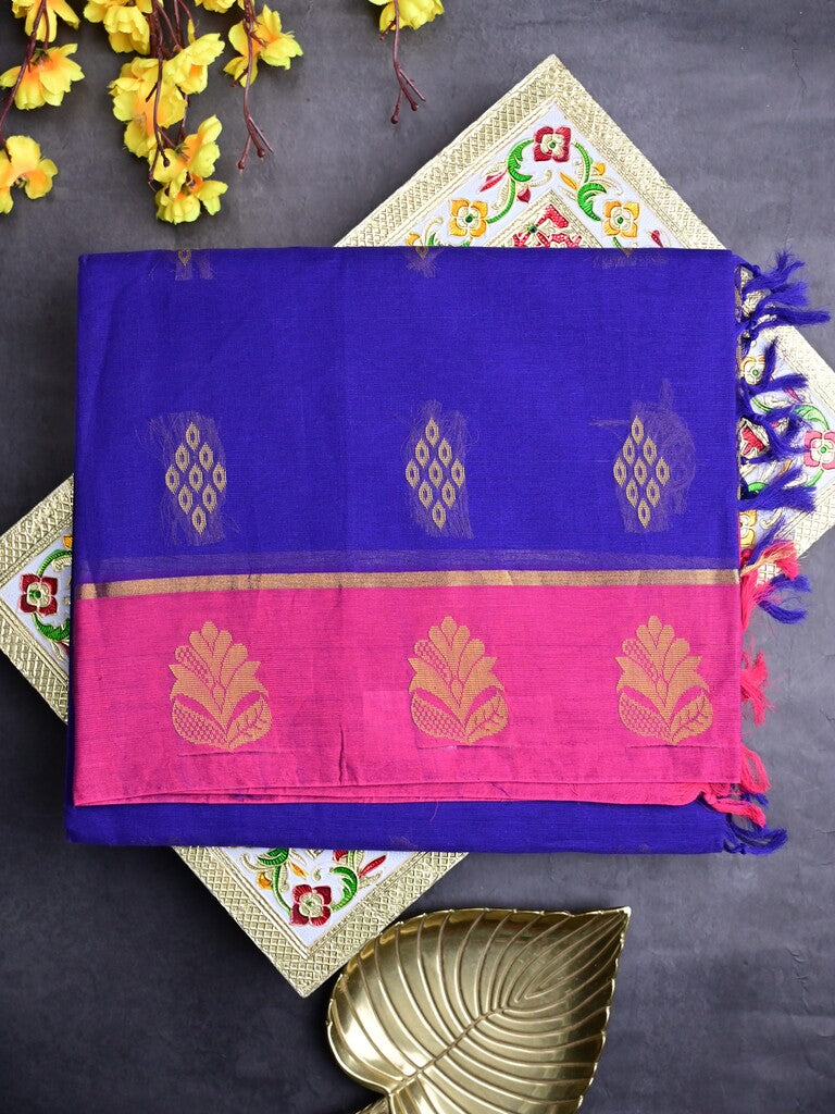 Kanchi cotton saree royal blue color allover motifs & small border with rich pallu and attached plain blouse