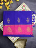 Kanchi cotton saree royal blue color allover motifs & small border with rich pallu and attached plain blouse