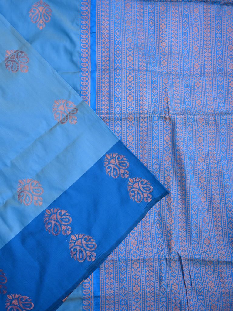 Soft silk fancy saree sky blue color allover motifs & zari border with weaving pallu and plain blouse