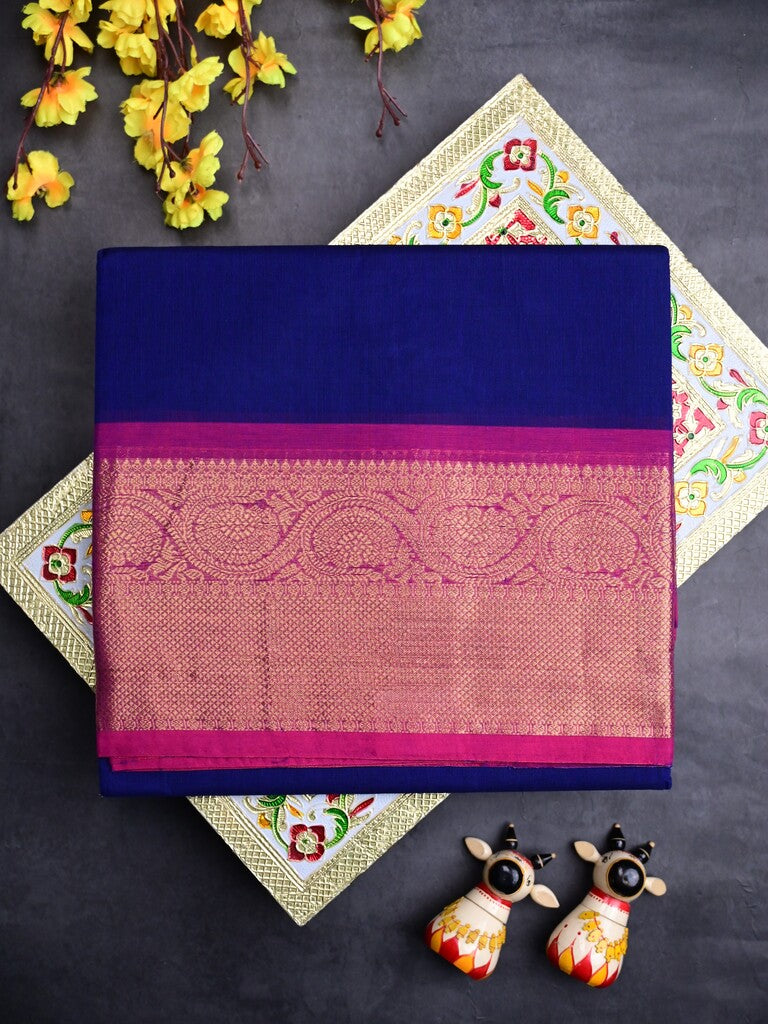 Kanchi cotton saree royal blue color allover plain & contrast zari border with stripes pallu and plain self blouse