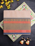 Kanchi cotton saree light peach color allover plain & contrast zari border with stripes pallu and plain self blouse