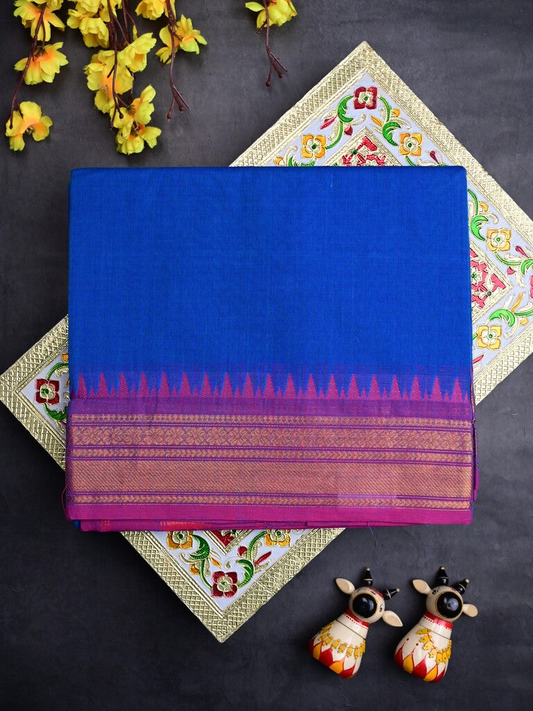 Kanchi cotton saree sky blue color allover plain & contrast zari border with stripes pallu and plain self blouse