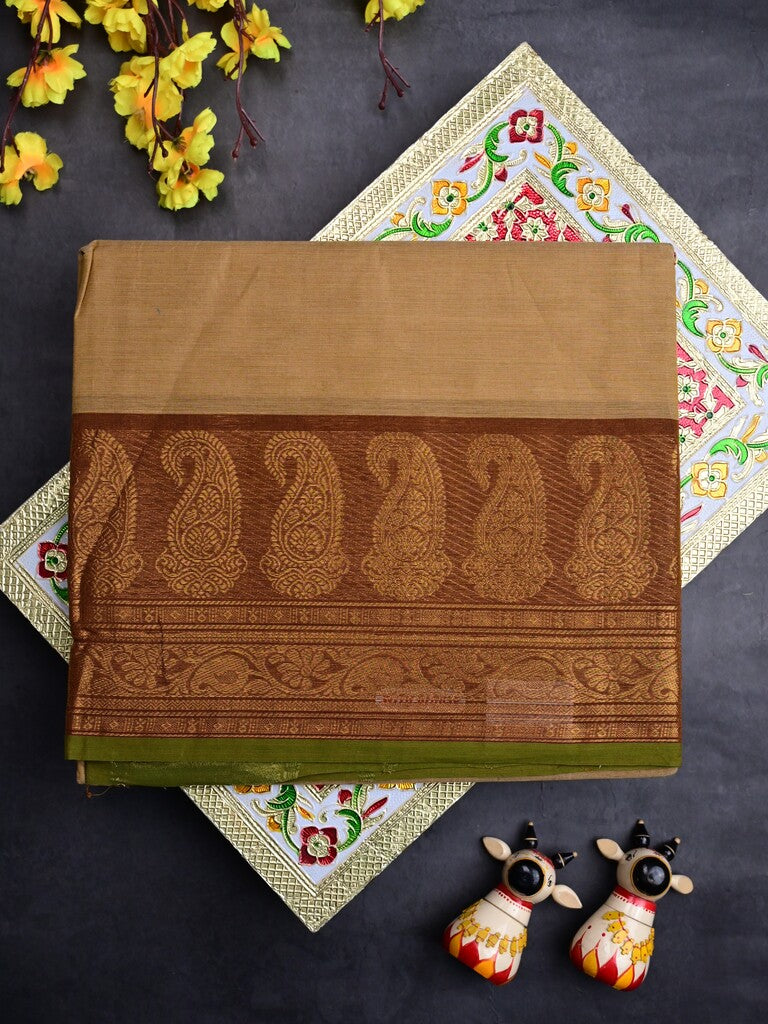 Kanchi cotton saree beige color allover plain & contrast zari border with stripes pallu and plain self blouse