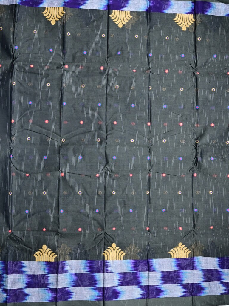 Dhaka cotton saree black color allover motifs & contrast border with contrast pallu